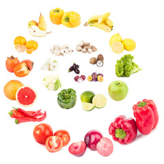 Spiral from colored fruits and vegetables, isolated