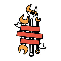 spanner tools with decorative ribbon around in color sections silhouette