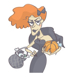 Attractive redhead woman in witch costume for Halloween, funny vector cartoon isolated on white background