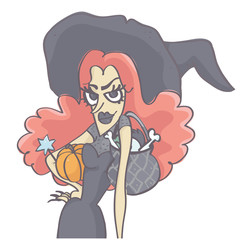 Funny vector cartoon of stylish witch woman with long pink hair holding pumpkin, hat and black pot