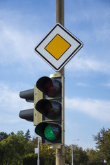 Road signs and traffic lights at a junction in the city