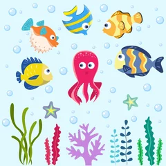 Afwasbaar Fotobehang In de zee Zeeleven. Set met grappige zeedieren.