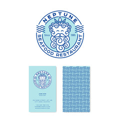 Neptune logo. Poseidon logo. Seafood restaurant emblems. Neptun in the crown with letters in the circle badge. Linear logo. identity. Business card. © Nataly