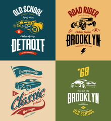 Vintage custom hot rod and classic car vector tee-shirt logo isolated set. American street wear superior retro tee print design.