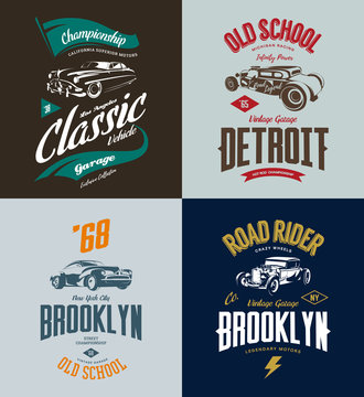 Vintage custom hot rod and classic car vector tee-shirt logo isolated set. American street wear superior retro tee print design.