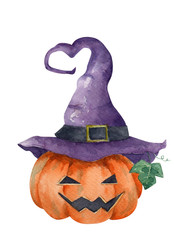 Jack o Lantern halloween pumpkin with purple witch hat