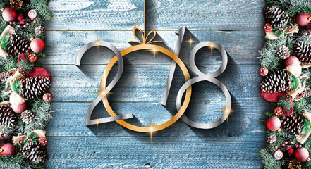 2018 Happy New Year and  Merry Christmas Frame with Snow and real wood