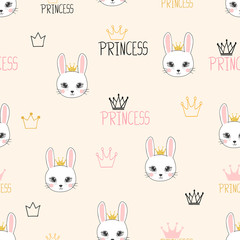 Seamless princess pattern with cute bunnies.