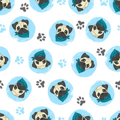 Seamless pattern with cute pugs. Vector circles background with dogs.