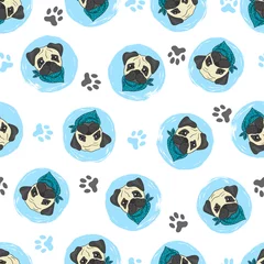 Wall murals Dogs Seamless pattern with cute pugs. Vector circles background with dogs.