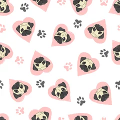 Deurstickers Honden Naadloze patroon met schattige Mopsen en roze harten. Vectorachtergrond met honden.