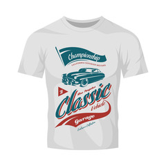 Vintage vehicle vector logo isolated on white t-shirt mock up. 
Premium quality old classic car logotype tee-shirt emblem illustration. Los Angeles, California street wear retro tee print design.