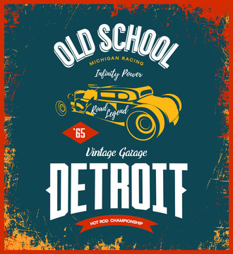 Vintage hot rod vector logo isolated on dark background. 
Premium quality old sport car logotype t-shirt emblem illustration. Detroit, Michigan street wear superior retro tee print design.
