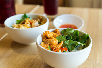 Rice in Japanese with chicken in batter
