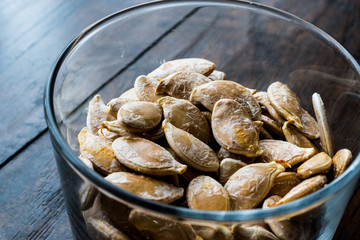 Pumpkin Seeds in glass bowl.