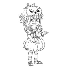 Cute girl in pumpkin costume outlined for coloring page