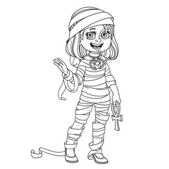 Cute girl in mummy costume outlined for coloring page