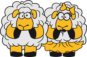 paar 2 freunde team liebe verliebt pärchen hübsch frau weiblich mädchen kleid schön sexy girl schleife ängstlich lustig klein süß niedlich comic cartoon schaf ziege wolle bauer bock müde cool