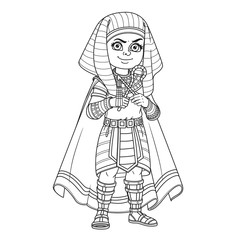 Cute boy in Egyptian Pharaoh costume outlined for coloring page