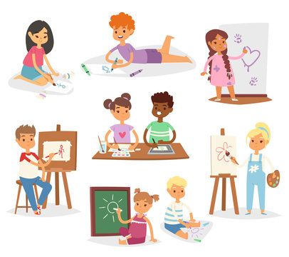 School kids children making art creative young artist with brushes and paint vector set cartoon characters collection