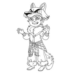Fototapeta na wymiar Cute boy in werewolf costume outlined for coloring page