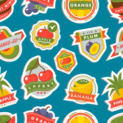 Fruits logo badges template vector icons illustration for farm and product seamless pattern background
