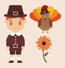 Turkey and kid of happy thankgsgiving and autumn season theme Vector illustration