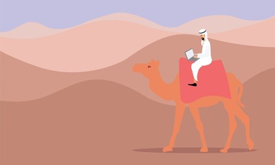 Arabian businessman working with laptop computer sitting on camel riding in the desert. Work anywhere and internet work concept illustration vector.