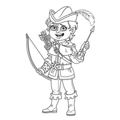 Cute boy in Robin Hood costume outlined for coloring page