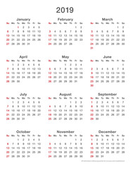 2019 calendar simple
sundays first, format high