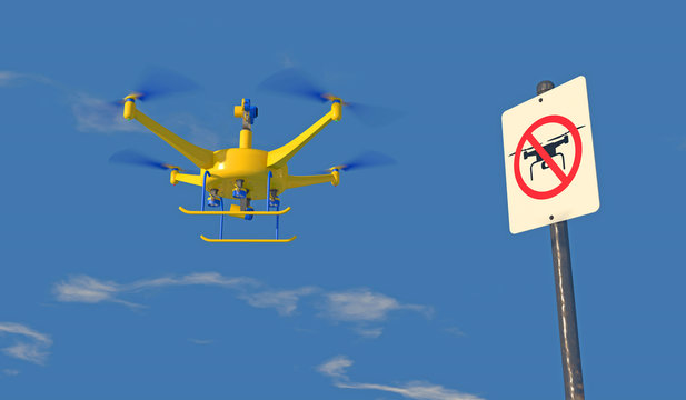 3D illustration of UAV drone with "No Drone Zone" graphic sign. Fictitious UAV, sign artwork, are unique designs. Depicting the restriction of drones; blue overcast sky, depth-of-field, motion blur.