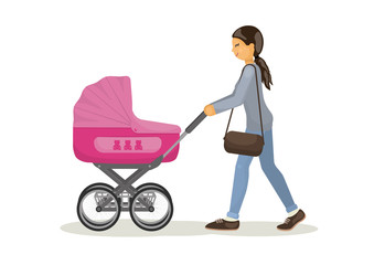 Mother with pink baby carriage on white background. Vector illustration.