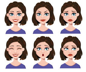 Facial expressions of a woman. Different female emotions set.