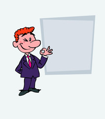 Happy red-haired businessman makes the gesture of ok. Is showing, as in a presentation, the data you want.