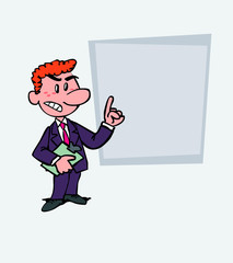 Red-haired businessman decided, somewhat angry. Is showing, as in a presentation, the data you want.