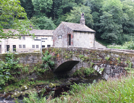 bridge and buildings at gibson mill in hardcastle crags west yorkshire