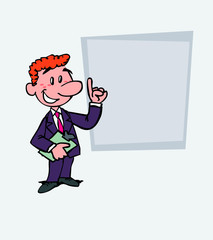 happy red-haired businessman is showing, as in a presentation, the data you want. He has a folder in his hand.