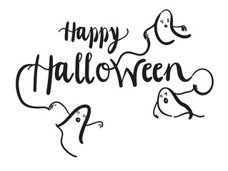 Happy Halloween - Süßes oder Saures, Kalligrafischer Schriftzug mit Gespenstern, Grusel, Feiertag