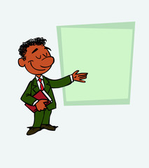 black businessman points, relaxed, with a book in his hand. Is showing, as in a presentation, the data you want.