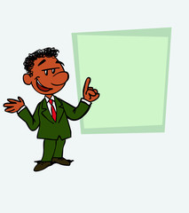 black businessman relaxed, speak content. Is showing, as in a presentation, the data you want.