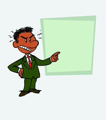 Angry black businessman is showing, as in a presentation, the data you want.