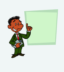 happy black businessman is showing, as in a presentation, the data you want. He has a folder in his hand.