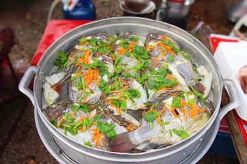 Steamed fish with vegetable delicious in pot