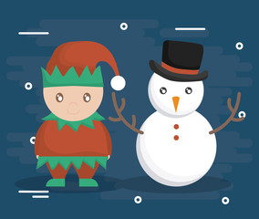Elf and snowman of Merry Christmas season theme Vector illustration