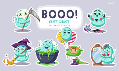 Sticker set of cute cartoon ghosts with different facial expressions