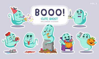 Sticker set of cute cartoon ghosts with different facial expressions
