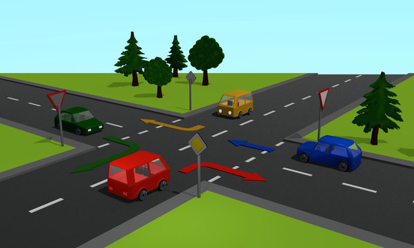 Straßenkreuzung mit den Schildern Vorfahrtsstraße und Vorfahrt gewähren sowie Richtungspfeilen