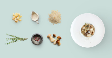Cooking ingredients for italian risotto with wild mushrooms isolated
