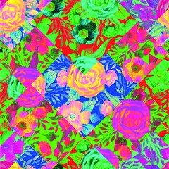 Fototapeta na wymiar Psychedelic Floral Seamless Pattern; Background