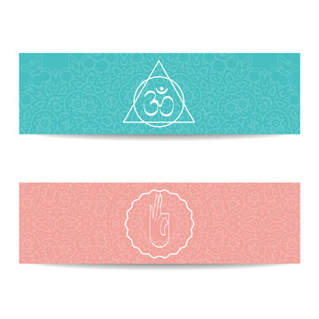 Yoga banner template. Set of horizontal pink and turquoise flyers with chakra and mandala symbols. Design for yoga banner, studio, spa, classes, poster, invitation, gift certificate and presentation